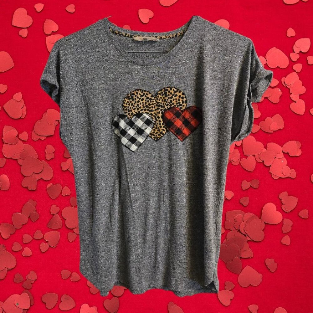 My Danielle M Gray Top Capped Sleeves Appliqued Hearts Buffalo Plaid Leopard